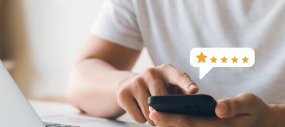 person using cellphone to give an online review